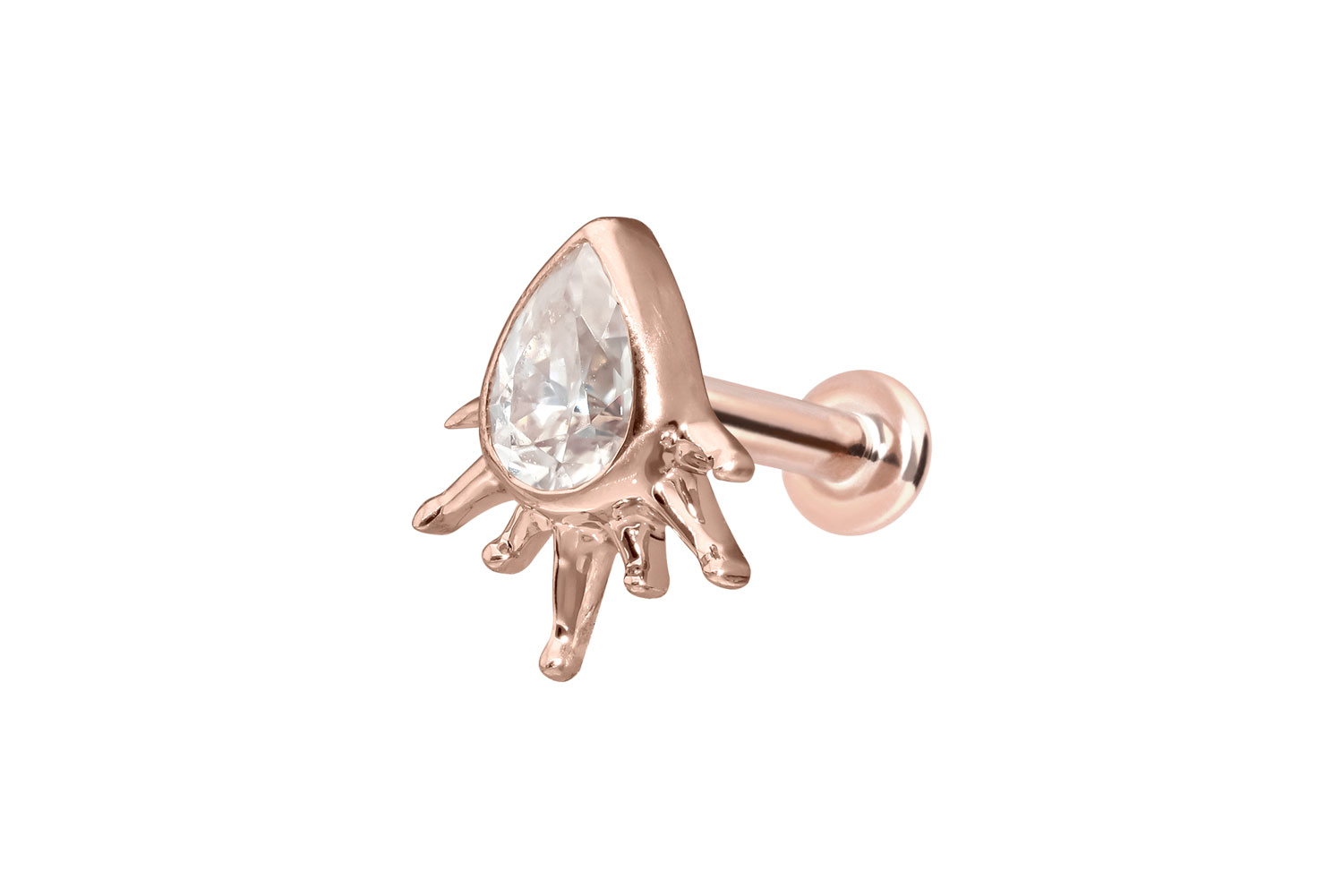 14 Karat Gold Labret Piercing mit Innengewinde MOISSANIT-TROPFEN + SONNENSTRAHLEN